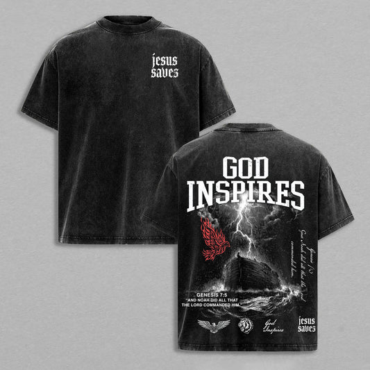 God Inspires Noah's Ark Genesis 7:5 Jesus Saves Christian Retro Vintage Washed Graphic T-Shirt - Limited Edition Streetwear Oversized Aesthetic Tee - Premium Double Sided Print