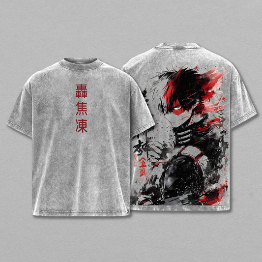 Shoto Todoroki Half Cold Half Hot Quirk My Hero Academia Retro Vintage Washed Graphic T-Shirt - Limited Edition Streetwear Oversized Aesthetic Tee - Premium Double Sided Kanji Gear