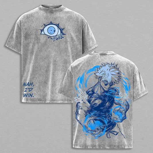 Satoru Gojo Nah I'd Win Six Eyes Infinity Jujutsu Kaisen Retro Vintage Washed Graphic T-Shirt - Limited Edition Streetwear Oversized Aesthetic Tee - Premium Double Sided Blue Print