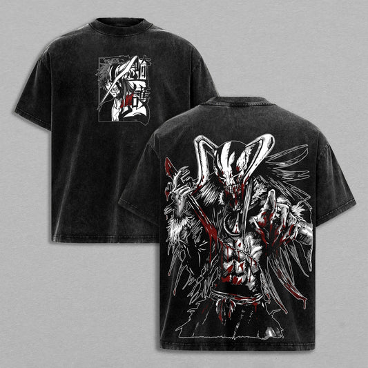 Ichigo Kurosaki Vasto Lorde Hollow Form Zangetsu Bleach Retro Vintage Washed Graphic T-Shirt - Limited Edition Streetwear Oversized Aesthetic Tee - Premium Double Sided Blood Print