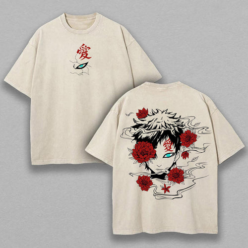Gaara of the Desert Naruto Red Roses | Double-Sided Retro Vintage Washed T-Shirt | Limited Edition Streetwear