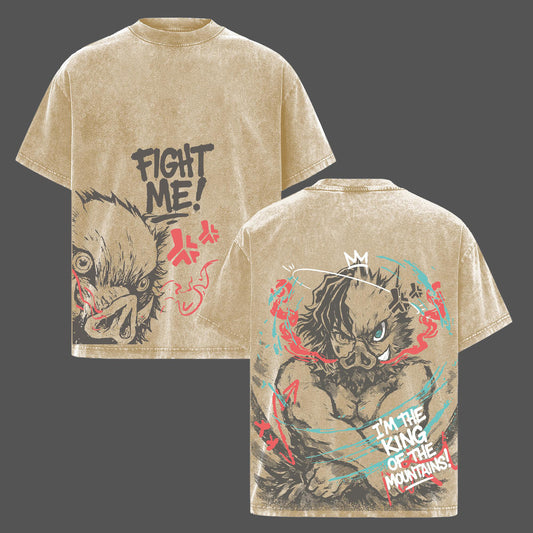 Inosuke Hashibira Fight Me King of the Mountains Demon Slayer Retro Vintage Washed Graphic T-Shirt - Limited Edition Streetwear Oversized Aesthetic Tee - Premium Double Sided Print