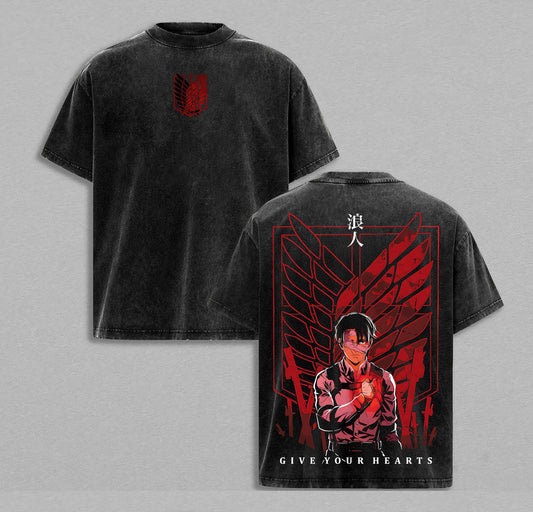 Levi Ackerman Survey Corps Wings of Freedom Attack on Titan Retro Vintage Washed Graphic T-Shirt - Limited Edition Streetwear Oversized Aesthetic Tee - Premium Double Sided Print