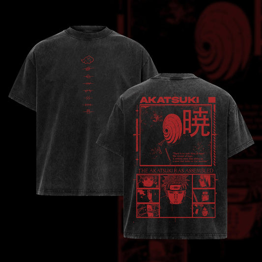 Akatsuki Cloud Symbol Naruto Shippuden Retro Vintage Washed Graphic T-Shirt - Limited Edition Streetwear Oversized Aesthetic Tee - Premium Dark Shinobi Fan Apparel