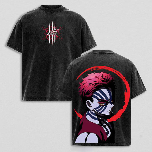 Akaza Upper Moon Three Compass Needle Demon Slayer Retro Vintage Washed Graphic T-Shirt - Limited Edition Streetwear Oversized Aesthetic Tee - Premium Double Sided Destructive Death
