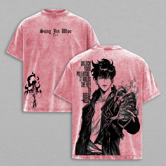 Sung Jinwoo Unlock Your Potential Solo Leveling Manhwa Retro Vintage Washed Graphic T-Shirt - Limited Edition Streetwear Oversized Aesthetic Tee - Premium Double Sided Japanese Style