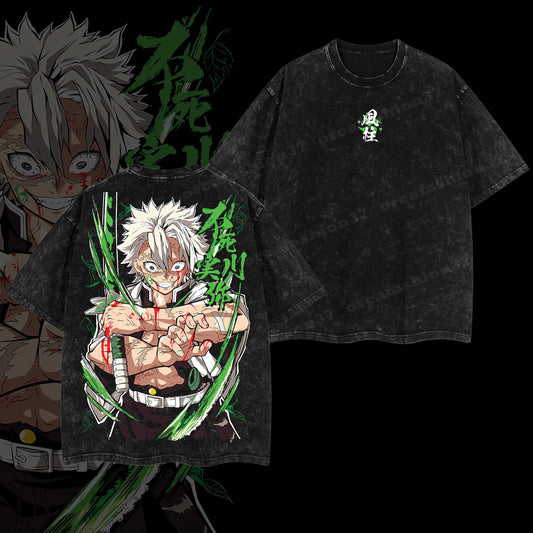 Sanemi Shinazugawa Wind Hashira Wind Breathing Demon Slayer Retro Vintage Washed Graphic T-Shirt - Limited Edition Streetwear Oversized Aesthetic Tee - Premium Double Sided Print