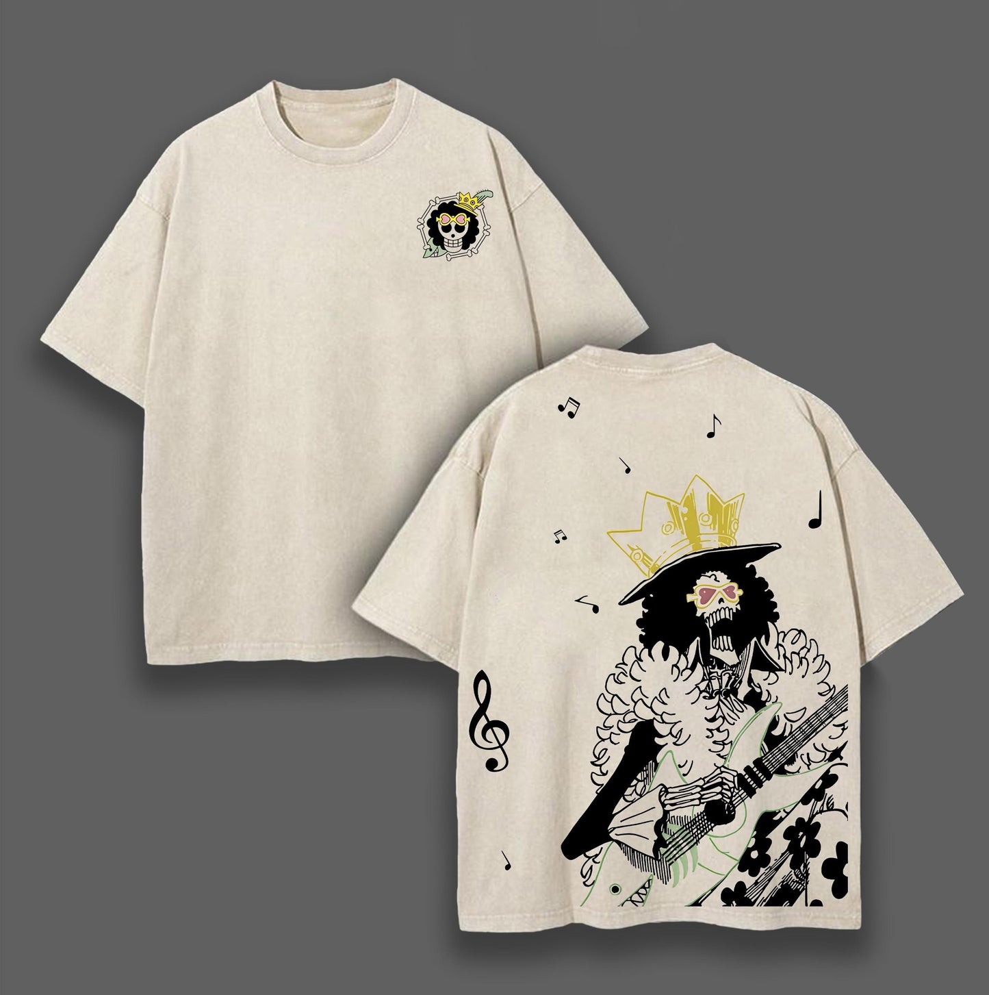 Soul King Brook Musician Skeleton Music Notes One Piece Retro Vintage Washed Graphic T-Shirt - Limited Edition Streetwear Oversized Aesthetic Tee - Premium Double Sided Print