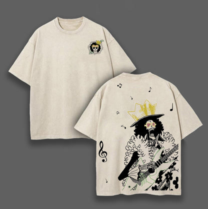 Soul King Brook Musician Skeleton Music Notes One Piece Retro Vintage Washed Graphic T-Shirt - Limited Edition Streetwear Oversized Aesthetic Tee - Premium Double Sided Print