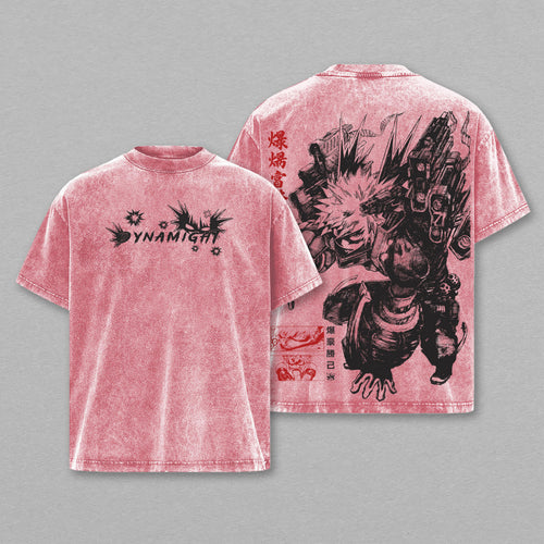 Katsuki Bakugo Dynamight Gear My Hero Academia Retro Vintage Washed T-Shirt Limited Oversized Streetwear Double-Sided Anime Tee Gift for MHA Fans