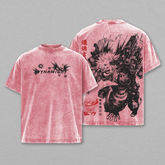 Katsuki Bakugo Great Explosion Murder God Dynamight My Hero Academia Retro Vintage Washed Graphic T-Shirt - Limited Edition Streetwear Oversized Aesthetic Tee - Premium Double Sided Print