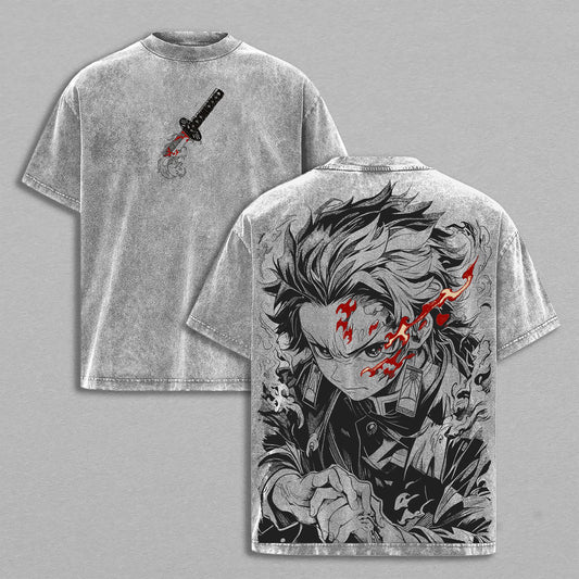 Tanjiro Kamado Hinokami Kagura Sun Breathing Demon Slayer Retro Vintage Washed Graphic T-Shirt - Limited Edition Streetwear Oversized Aesthetic Tee - Premium Double Sided Print