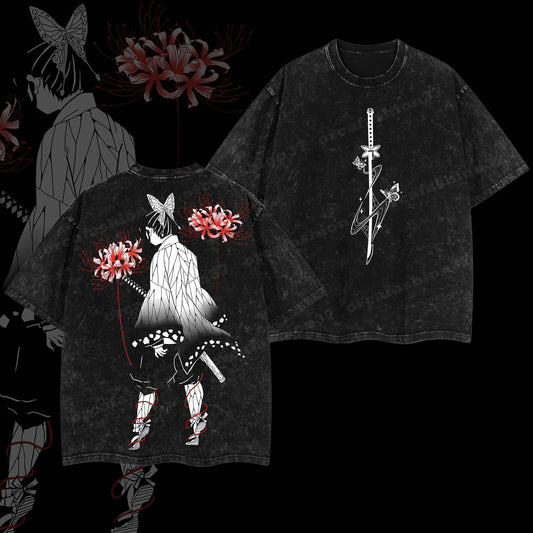 Shinobu Kocho Insect Hashira Butterfly Stinger Demon Slayer Retro Vintage Washed Graphic T-Shirt - Limited Edition Streetwear Oversized Aesthetic Tee - Premium Double Sided Print