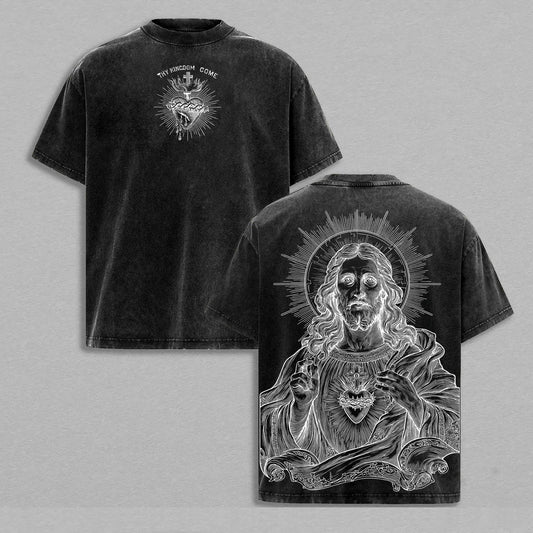 Jesus Christ Sacred Heart Thy Kingdom Come Christian Faith Retro Vintage Washed Graphic T-Shirt - Limited Edition Streetwear Oversized Aesthetic Tee - Premium Religious Gift
