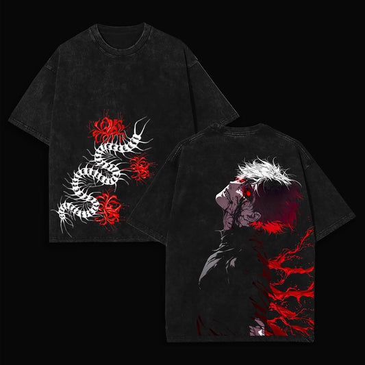 Ken Kaneki Centipede Eyepatch Ghoul Tokyo Ghoul Retro Vintage Washed Graphic T-Shirt - Limited Edition Streetwear Oversized Aesthetic Tee - Premium Red Spider Lily Apparel