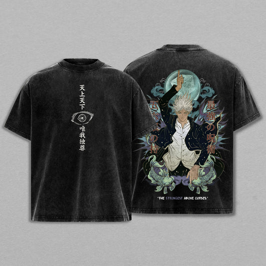 Satoru Gojo The Strongest Above Curses Six Eyes Infinite Void Jujutsu Kaisen Retro Vintage Washed Graphic T-Shirt - Limited Edition Streetwear Oversized Aesthetic Tee - Premium Double Sided Print