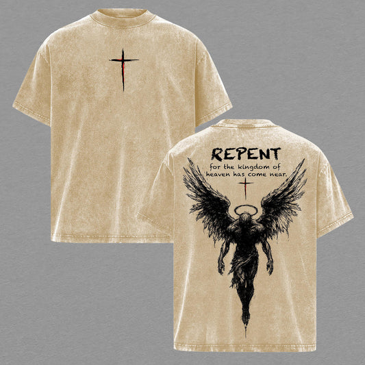 Repent For The Kingdom Of Heaven Guardian Angel Wings Cross Christian Faith Retro Vintage Washed Graphic T-Shirt - Limited Edition Streetwear Oversized Aesthetic Tee - Premium Double Sided Print