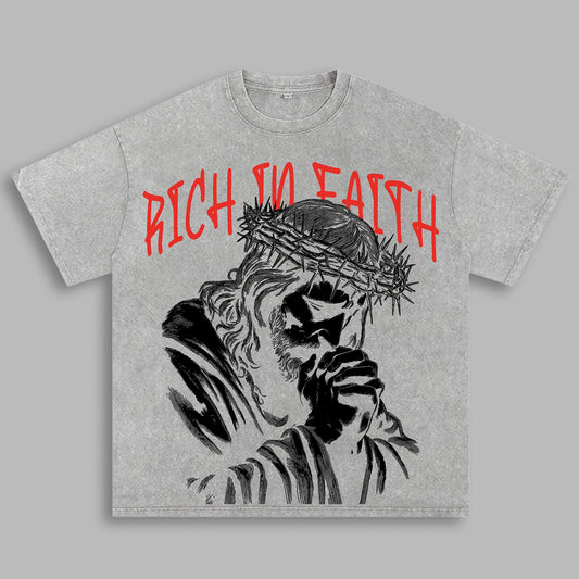 Rich In Faith Jesus Christ Crown of Thorns Praying Hands Christian Retro Vintage Washed Graphic T-Shirt - Limited Edition Streetwear Oversized Aesthetic Tee - Premium Religious Aesthetic