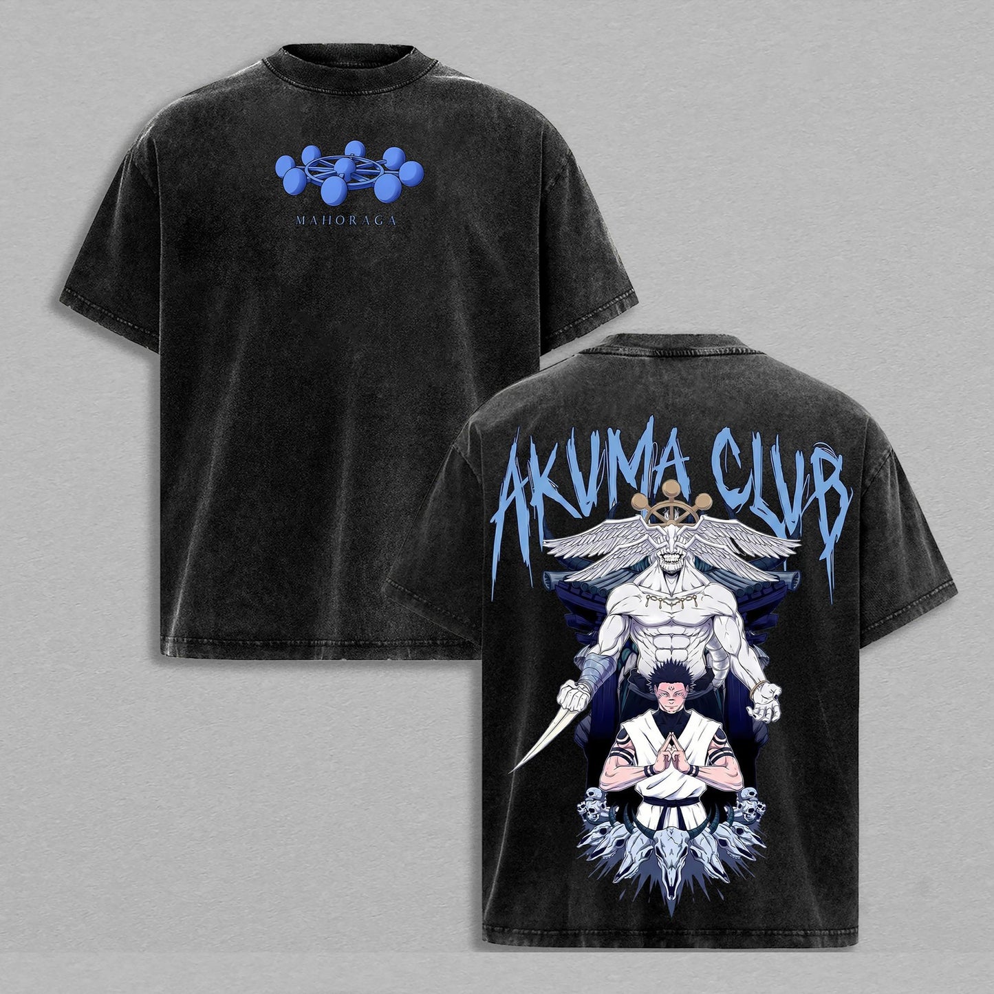 Ryomen Sukuna & Mahoraga Eight-Handled Sword Divine General Jujutsu Kaisen Retro Vintage Washed Graphic T-Shirt - Limited Edition Streetwear Oversized Aesthetic Tee - Premium Double Sided Print