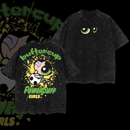 Buttercup Powerpuff Girls Soccer Player Sports Theme Y2K Cartoon Retro Vintage Washed Graphic T-Shirt - Limited Edition Streetwear Oversized Aesthetic Tee - Premium Double Sided Print
