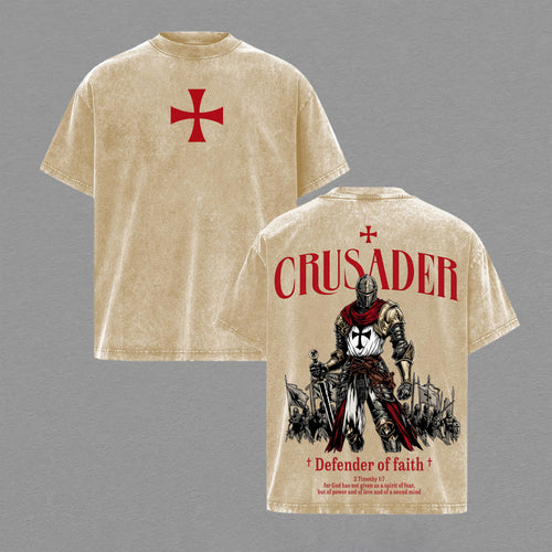 Crusader Defender of Faith Medieval Warrior 2 Timothy 1:7 Christian Retro Vintage Washed Graphic T-Shirt - Limited Edition Streetwear Oversized Aesthetic Tee - Premium Double Sided Print