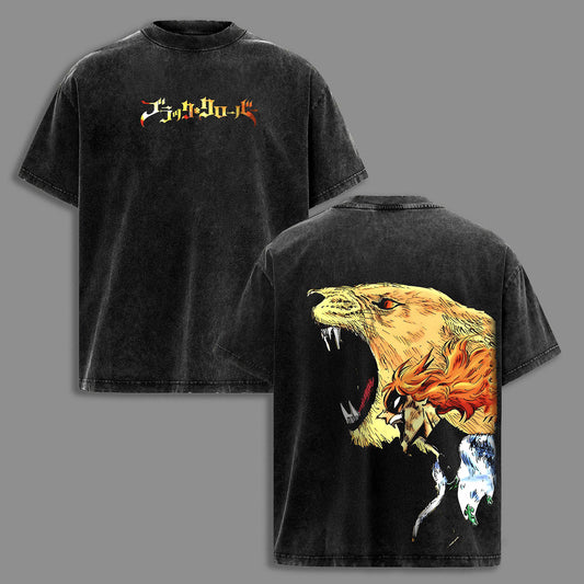 Mereoleona Vermillion Crimson Lion King Mana Zone Calidus Brachium Black Clover Retro Vintage Washed Graphic T-Shirt - Limited Edition Streetwear Oversized Aesthetic Tee - Premium Double Sided Print