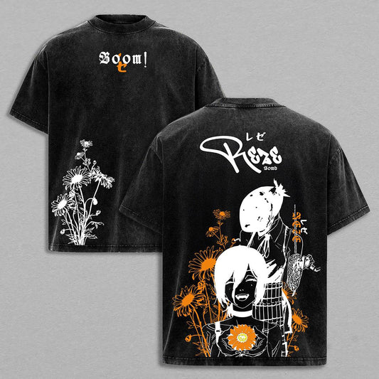 Reze Bomb Girl Lady Reze Denji Hybrid Form Chainsaw Man Retro Vintage Washed Graphic T-Shirt - Limited Edition Streetwear Oversized Aesthetic Tee - Premium Double Sided Manga Gift