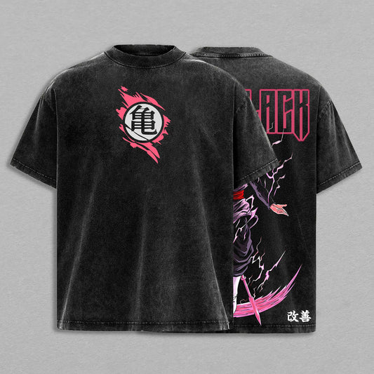 Goku Black Rose Super Saiyan Rose Scythe Form Dragon Ball Super Retro Vintage Washed Graphic T-Shirt - Limited Edition Streetwear Oversized Aesthetic Tee - Premium Double Sided Kame Logo