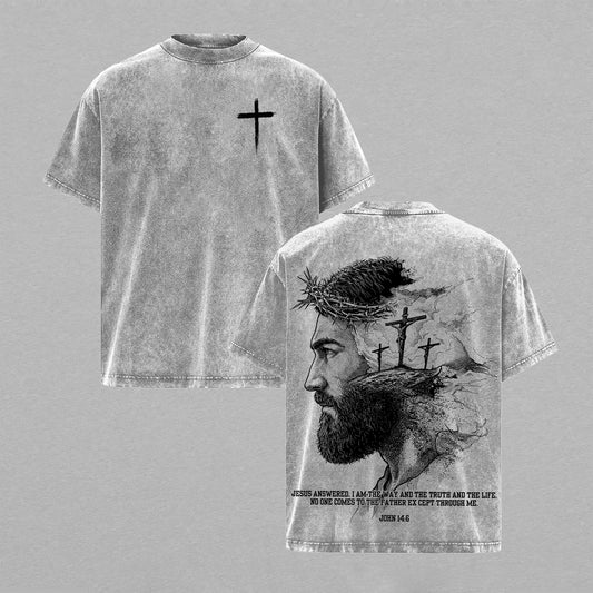 Jesus Christ Way Truth Life John 14:6 Crown of Thorns Calvary Crosses Retro Vintage Washed Graphic T-Shirt - Limited Edition Streetwear Oversized Aesthetic Tee - Premium Christian Faith Gift