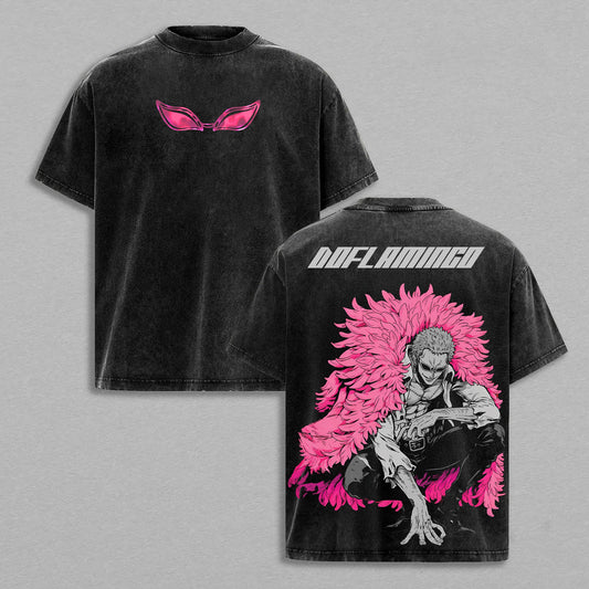 Donquixote Doflamingo Heavenly Yaksha Pink Feather Coat Ito Ito no Mi One Piece Retro Vintage Washed Graphic T-Shirt - Limited Edition Streetwear Oversized Aesthetic Tee - Premium Pirate Gear