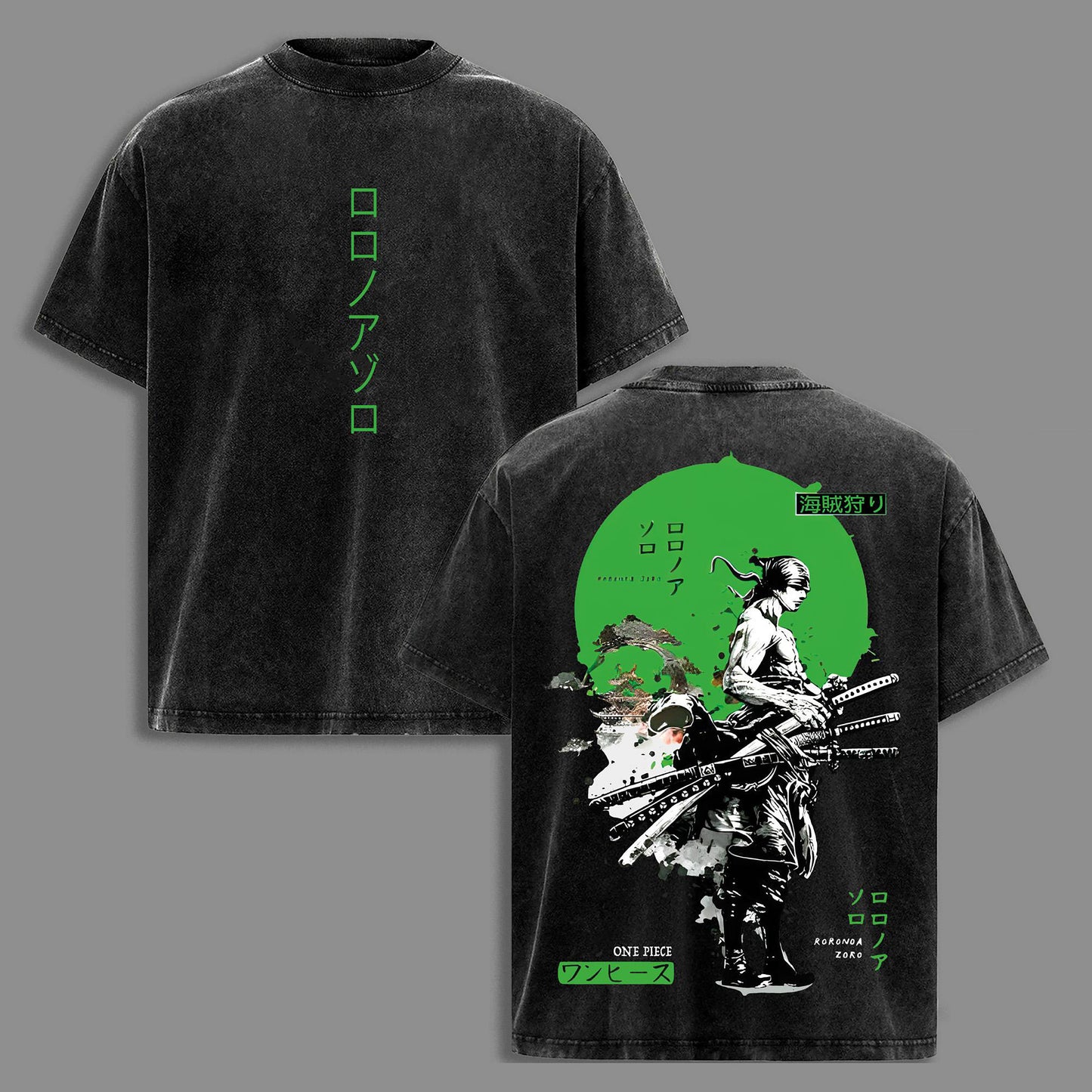 Roronoa Zoro Three Sword Style Pirate Hunter Santoryu Wano Arc One Piece Retro Vintage Washed Graphic T-Shirt - Limited Edition Streetwear Oversized Aesthetic Tee - Premium Double Sided Print
