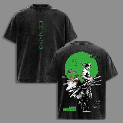 Roronoa Zoro Three Sword Style Pirate Hunter Santoryu Wano Arc One Piece Retro Vintage Washed Graphic T-Shirt - Limited Edition Streetwear Oversized Aesthetic Tee - Premium Double Sided Print