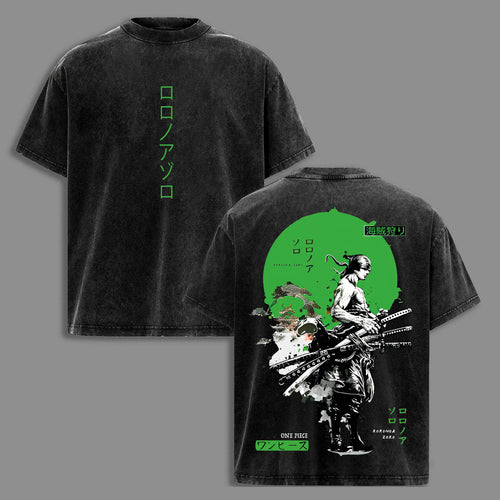 Roronoa Zoro Three Sword Style Pirate Hunter Santoryu Wano Arc One Piece Retro Vintage Washed Graphic T-Shirt - Limited Edition Streetwear Oversized Aesthetic Tee - Premium Double Sided Print