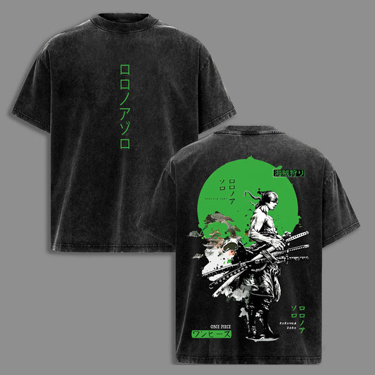 Roronoa Zoro Three Sword Style Pirate Hunter Santoryu Wano Arc One Piece Retro Vintage Washed Graphic T-Shirt - Limited Edition Streetwear Oversized Aesthetic Tee - Premium Double Sided Print