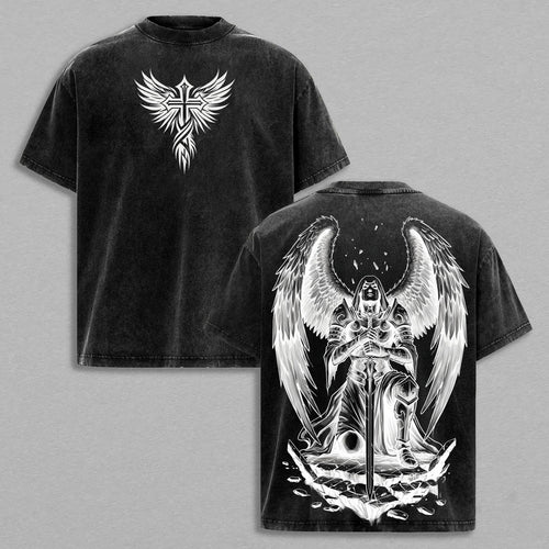 Angel Warrior Sword Christian Faith Retro Vintage Washed T-Shirt Limited Oversized Streetwear Religious Graphic Tee Gift for Believers