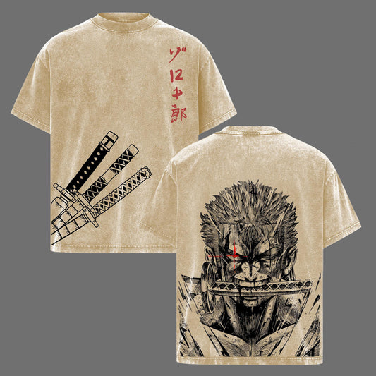 Roronoa Zoro Three Sword Style One Piece Retro Vintage Washed Graphic T-Shirt - Limited Edition Streetwear Oversized Aesthetic Tee - Premium Samurai Manga Gear