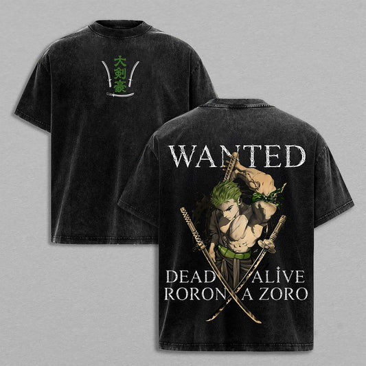 Roronoa Zoro Three Sword Style One Piece Retro Vintage Washed Graphic T-Shirt - Limited Edition Streetwear Oversized Aesthetic Tee - Premium Samurai Anime Apparel