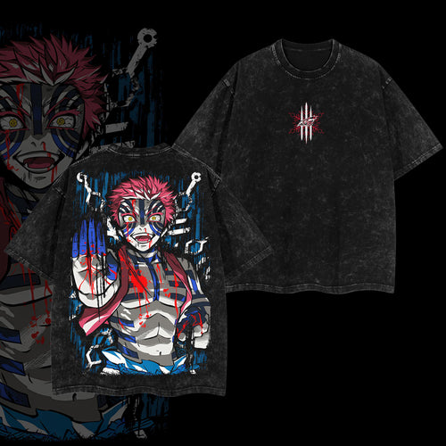 Akaza Upper Moon Three Demon Slayer Retro Vintage Washed Graphic T-Shirt - Limited Edition Streetwear Oversized Aesthetic Tee - Premium Twelve Kizuki Heavyweight Shirt
