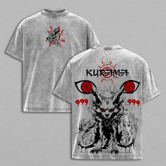Kurama Nine Tails Fox Spirit Naruto | Retro Vintage Washed T-Shirt | Limited Edition Oversized Streetwear