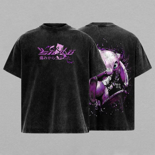 Mew Pokémon Washed Oversized T-shirt Purple Cosmic Shadow Back Print Vintage Heavyweight Cotton Anime Graphic Tee Streetwear Gift for Mew Fans