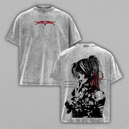 Misa Amane Death Note Washed Oversized T-shirt Gothic Manga Sketch Red Cross Back Print Vintage Heavyweight Cotton Anime Graphic Tee Streetwear Gift for Fans