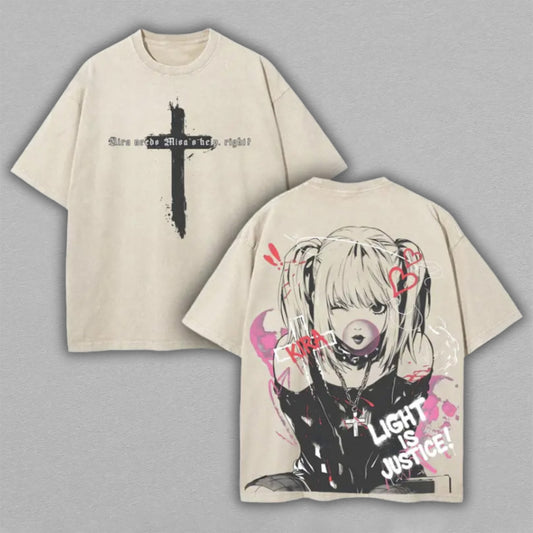 Misa Amane Death Note Washed Oversized T-shirt Light Is Justice Gothic Cross Back Print Vintage Heavyweight Cotton Anime Graphic Tee Streetwear Gift for Fans