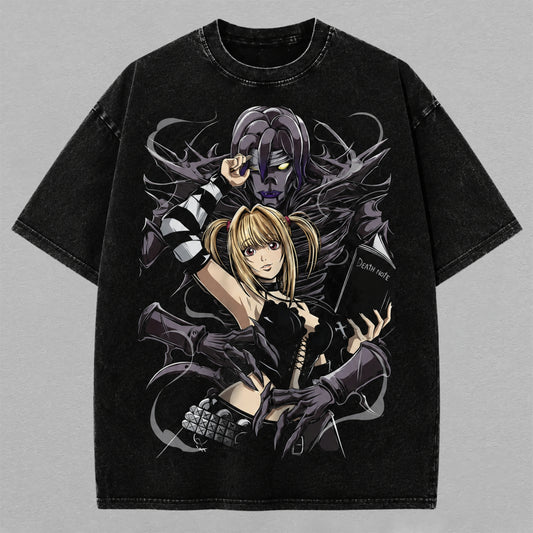 Misa Amane Rem Death Note Washed Oversized T-shirt Shinigami Gothic Back Print Vintage Heavyweight Cotton Anime Graphic Tee Streetwear Gift for Fans