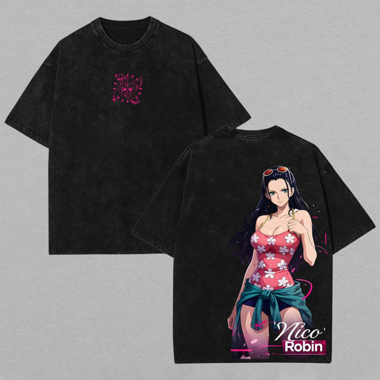 Nico Robin One Piece Flower Dress Washed T-shirt Limited Retro Vintage Oversized Streetwear Anime Graphic Tee Gift for Fans