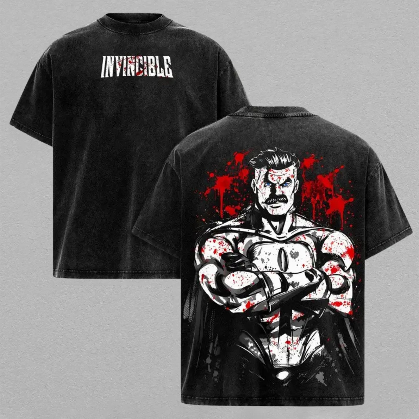 Omni Man Bloodied Invincible Hero Washed T-shirt Limited Retro Vintage Oversized Streetwear Comic Graphic Tee Gift for Fans