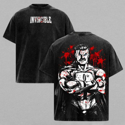 Omni Man Bloodied Invincible Hero Washed T-shirt Limited Retro Vintage Oversized Streetwear Comic Graphic Tee Gift for Fans