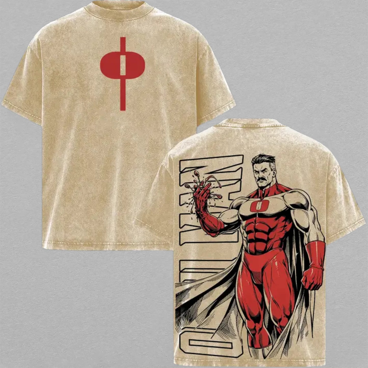 Omni Man Invincible Bloody Hand Washed T-shirt Limited Retro Vintage Oversized Streetwear Comic Graphic Tee Gift for Fans