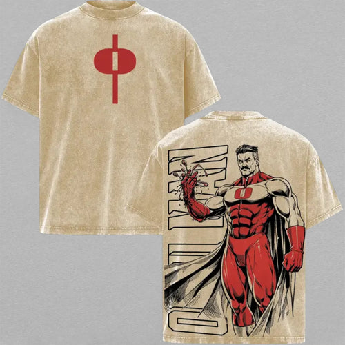 Omni Man Invincible Bloody Hand Washed T-shirt Limited Retro Vintage Oversized Streetwear Comic Graphic Tee Gift for Fans