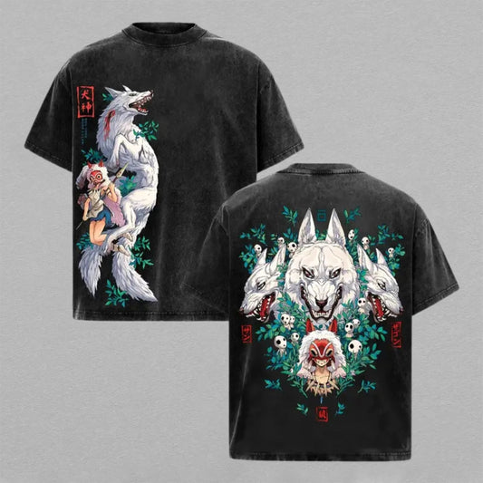 Princess Mononoke San Wolf God Moro Washed Oversized T-shirt Forest Spirit Mask Anime Graphic Tee Vintage Cotton Streetwear Shirt for Men Women Ghibli Fans Gift