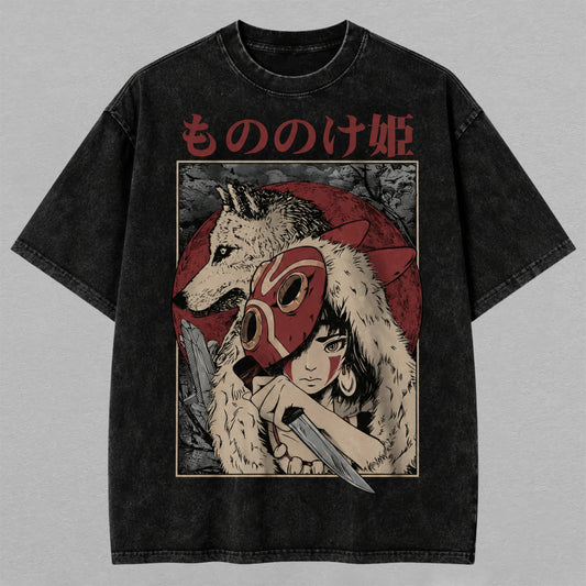 Princess Mononoke San Wolf Mask Washed Oversized T-shirt Red Moon Dagger Anime Graphic Tee Vintage Cotton Streetwear Shirt for Men Women Ghibli Fans Gift